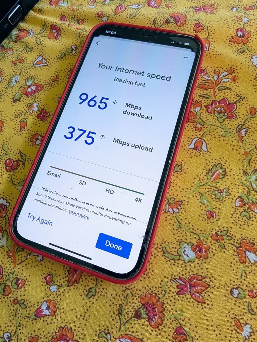 Phone speed test reading 965 Mbps download after a network fix