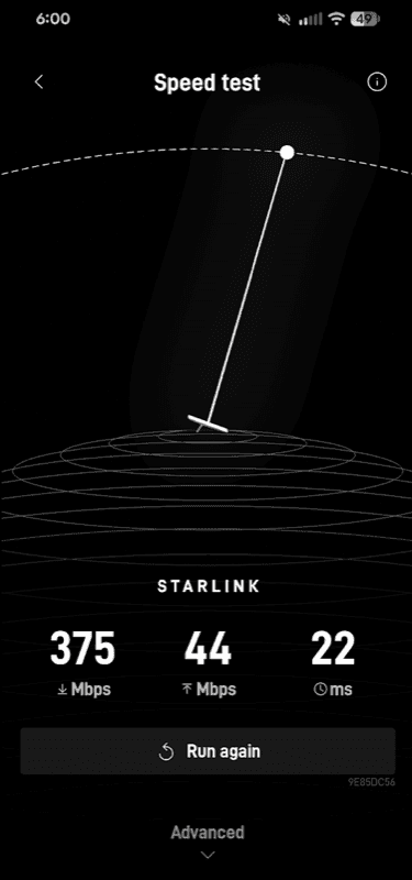 Starlink app speed test showing 375 Mbps download, 44 Mbps upload, 22 ms